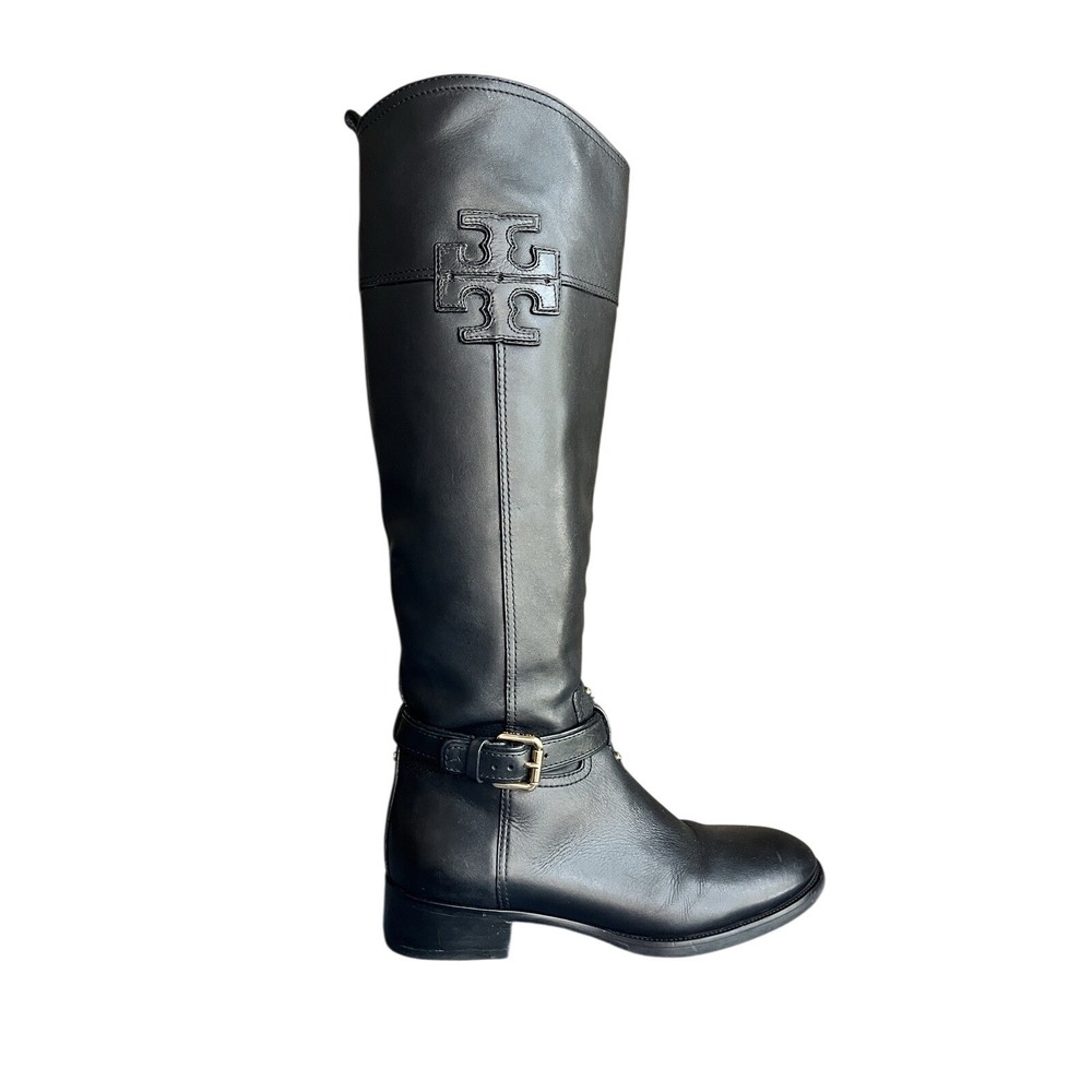 Tory Burch Women's Blair Black Leather Gold Buckle Riding Boots Shoes Size 8 - Picture 1 of 15